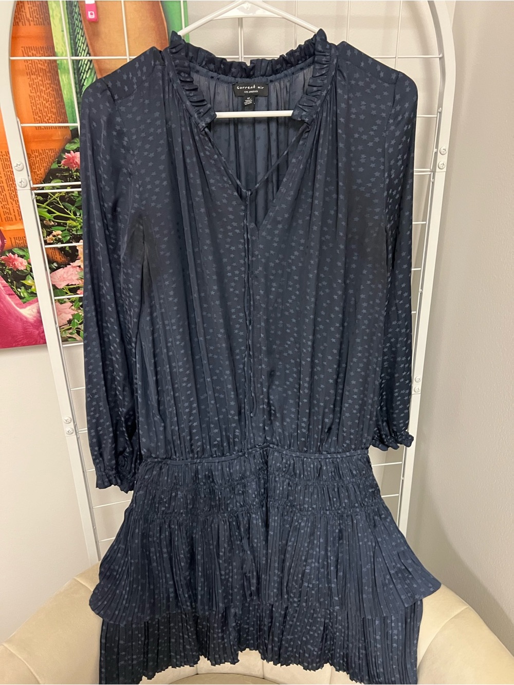 Current Air Navy Ruffle Tie-Neck Tiered Long-Sleeve Dress